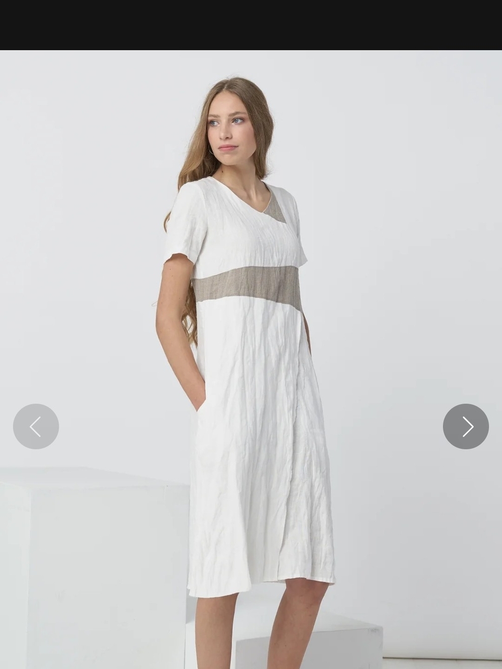 Baltic Linen Women's White V-Neck Linen Dress with Taupe Waistband